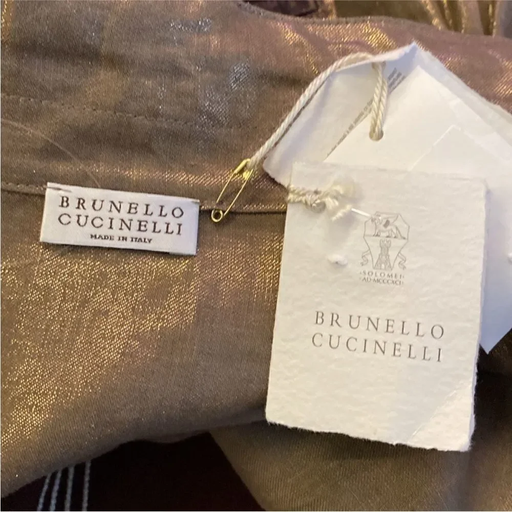 NWT Brunello Cucinelli 100% linen Shimmering Gold/ brown romper, S